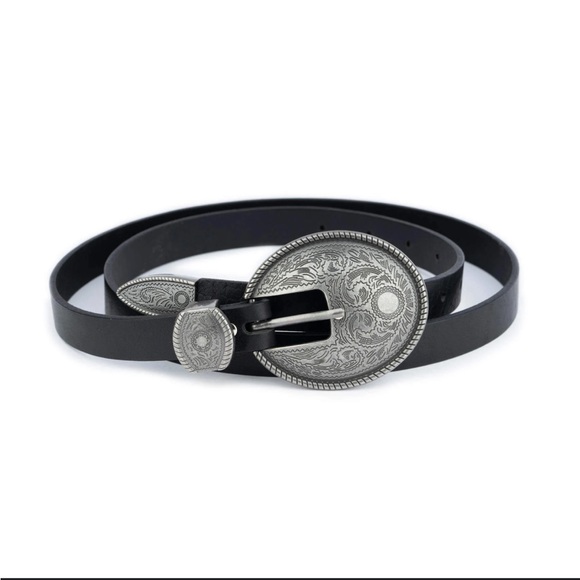 VERA PELLE Western 1.5” Black Leather‎ Round Engraved Silver Buckle Belt MED 35”